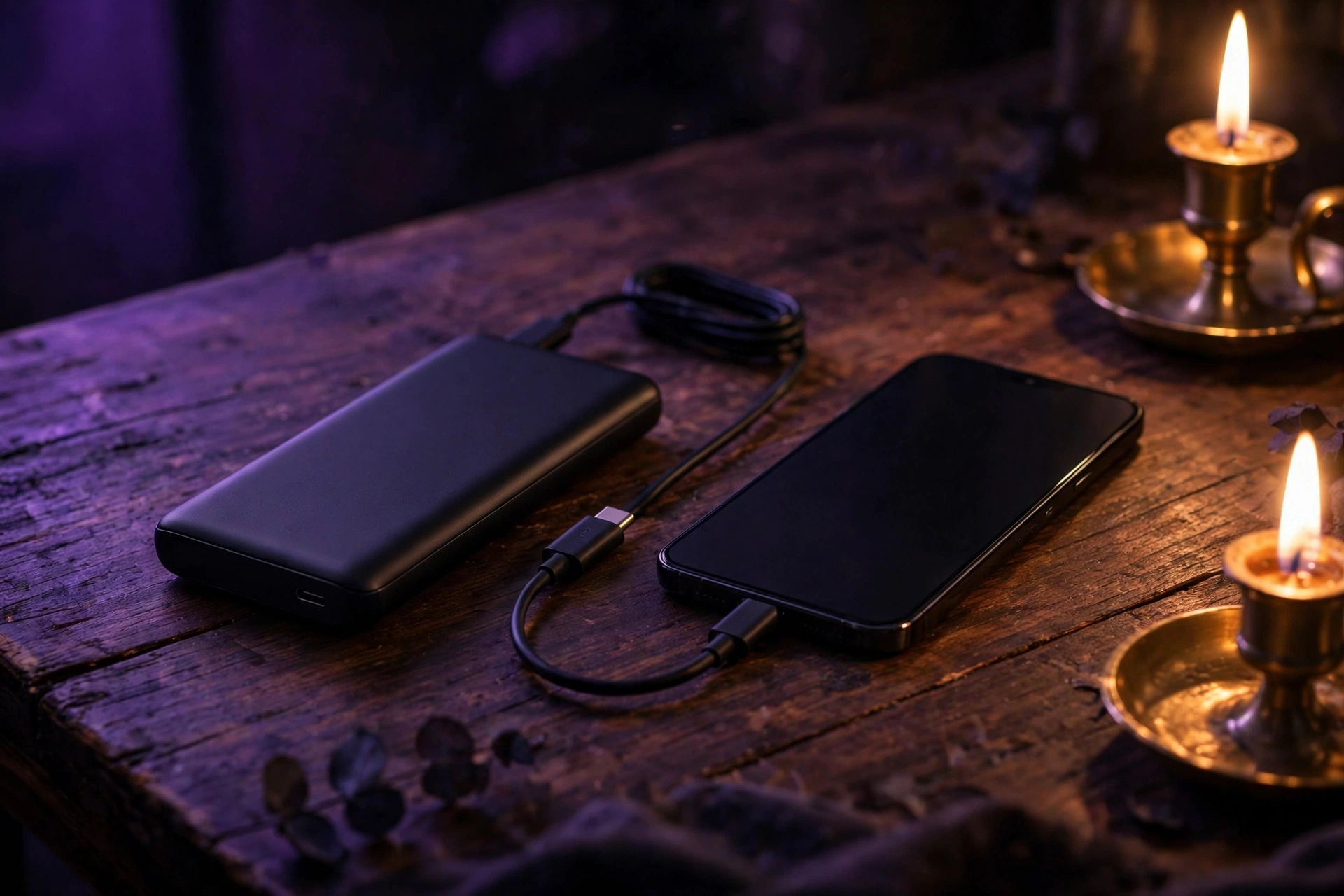 AI-generated image of a slim black portable power bank charging a smartphone on a wooden desk