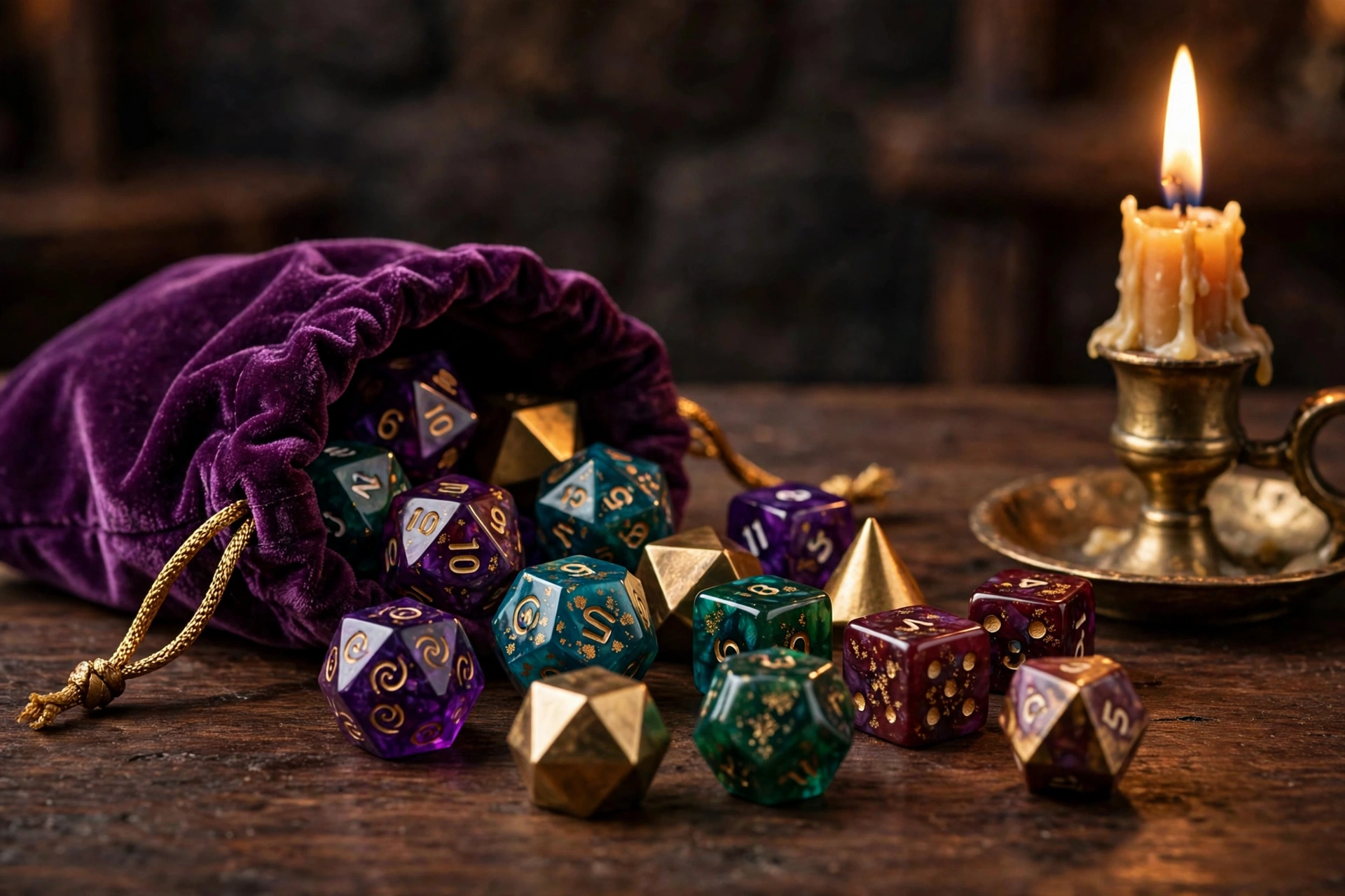 AI-generated image of a colorful polyhedral dice set spilling from a purple velvet pouch beside a brass candle