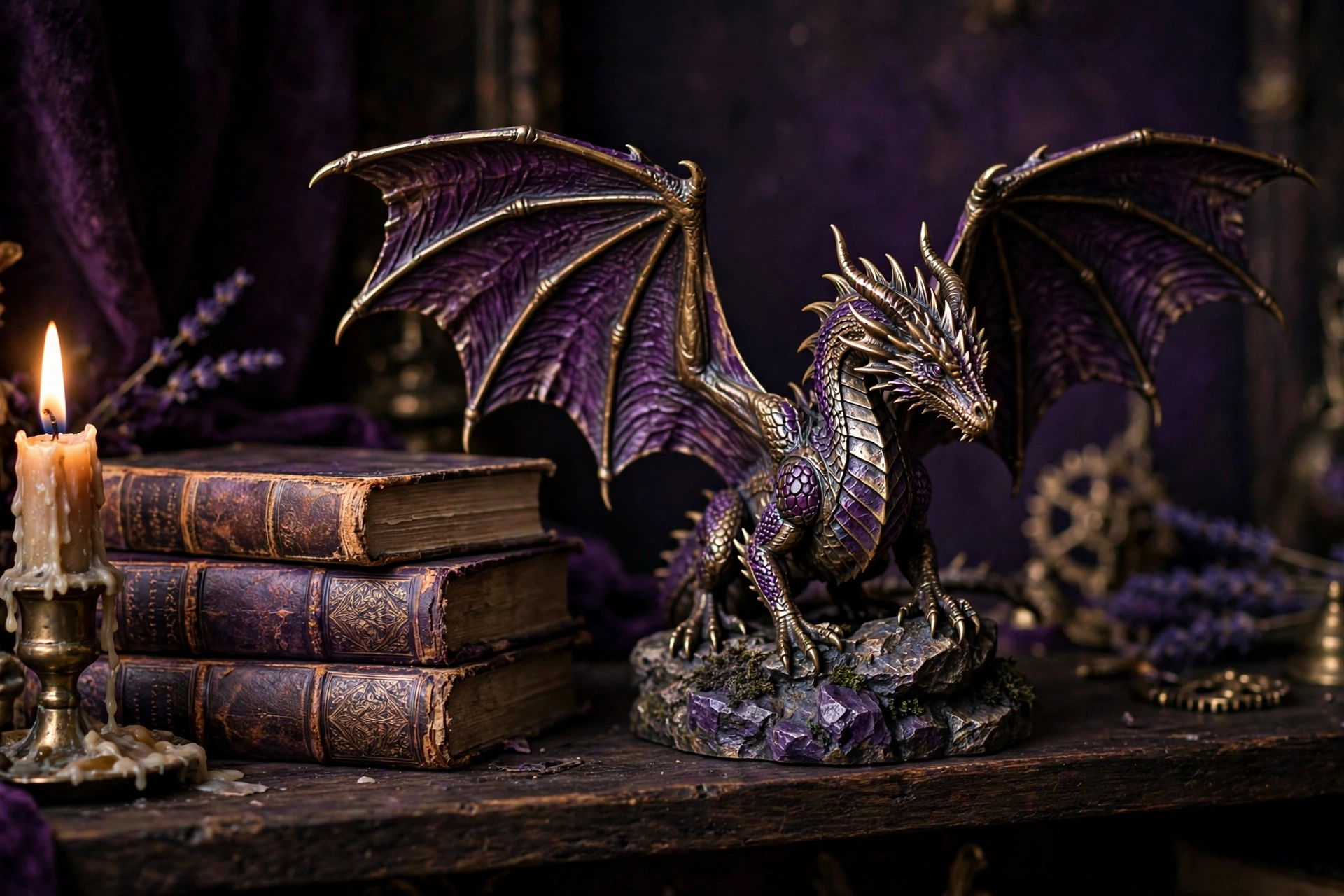 AI-generated image of a detailed fantasy dragon statue on a wooden shelf beside a candle and old books