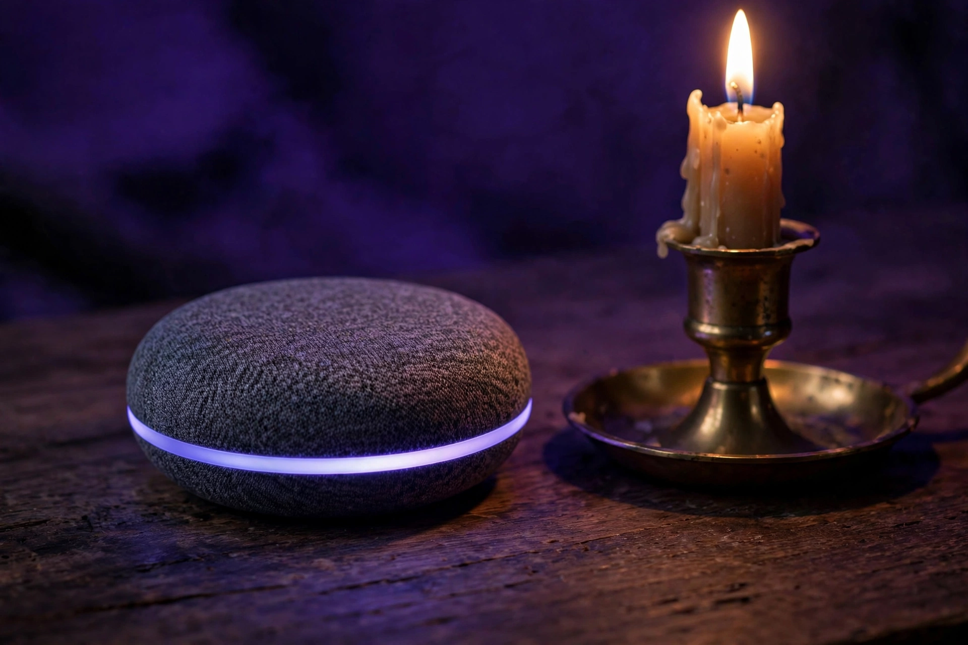 AI-generated image of a small round fabric smart speaker with a glowing light ring on a wooden table beside a brass candle