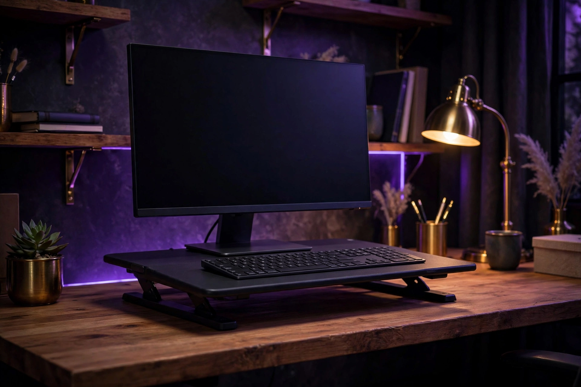 AI-generated image of a standing desk converter riser holding a monitor and keyboard on a wooden desk