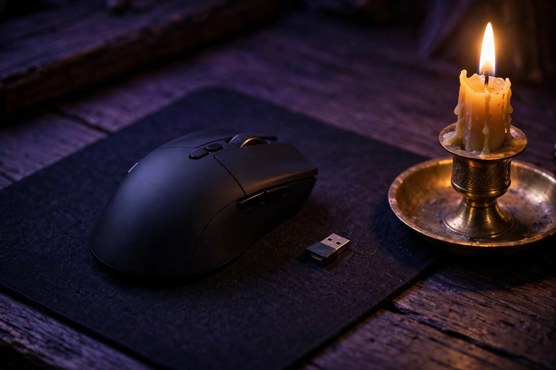 AI-generated image of a lightweight black wireless gaming mouse on a desk mat beside its USB receiver