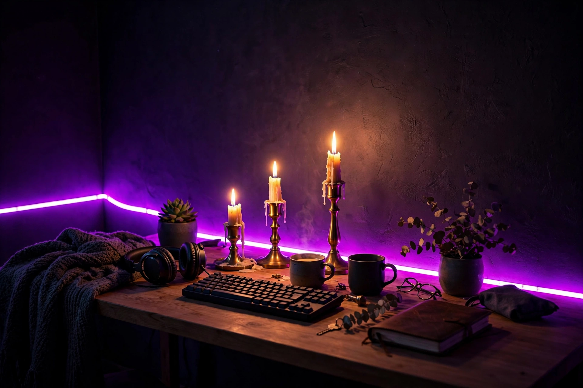 AI-generated image of a desk glowing with colorful purple LED strip lights in a dark room