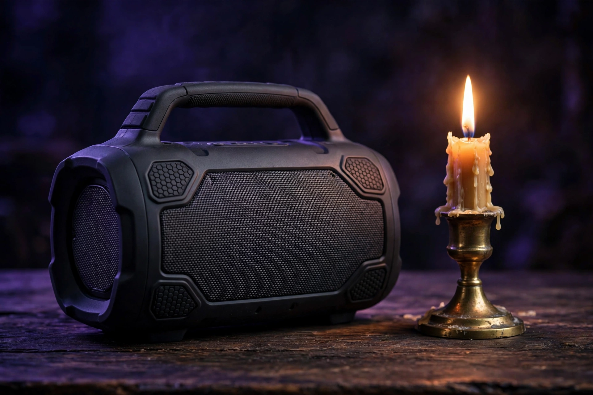 AI-generated image of a rugged portable Bluetooth speaker on a wooden table beside a brass candle