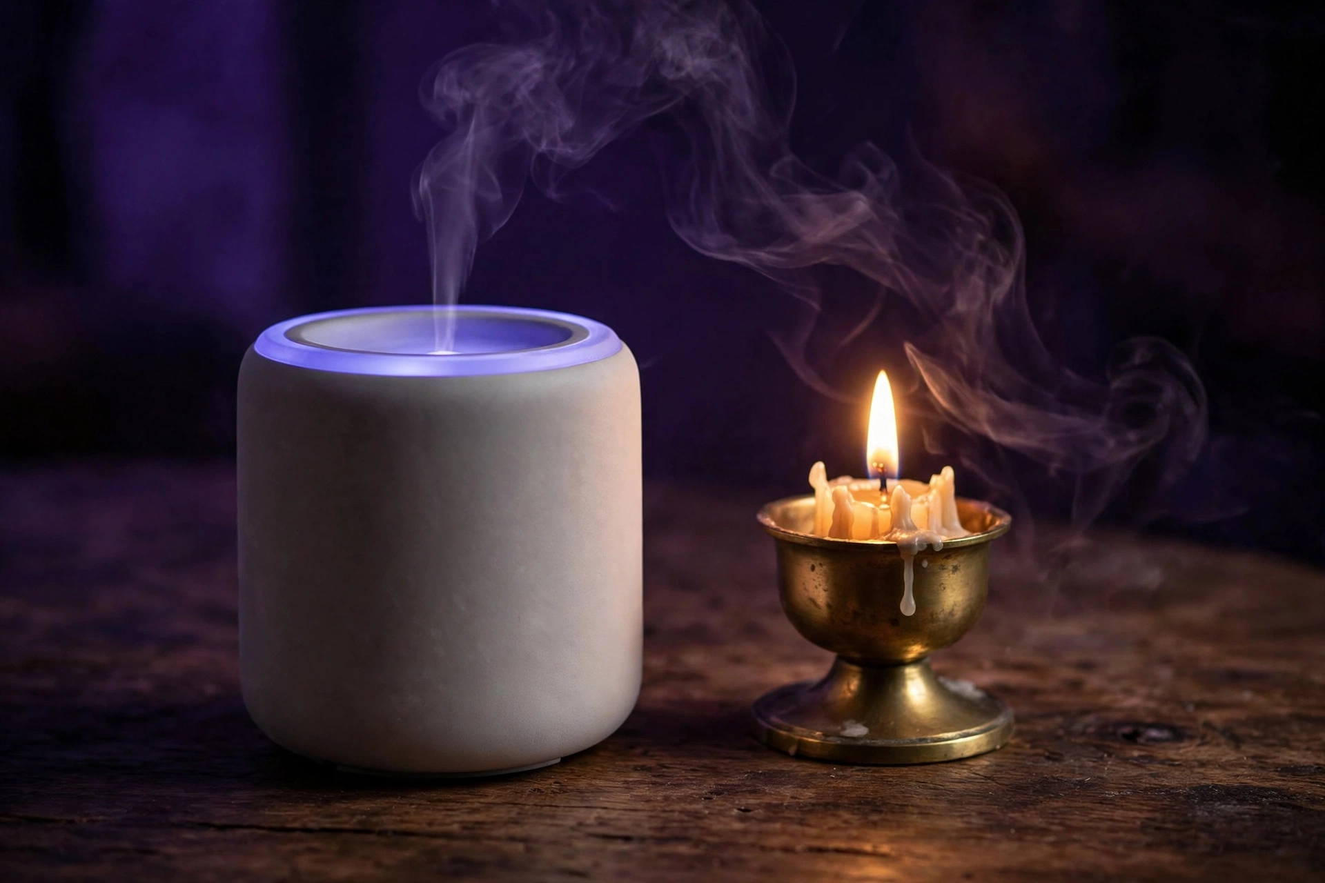 AI-generated image of an ultrasonic essential oil diffuser with a wisp of mist on a wooden table beside a brass candle