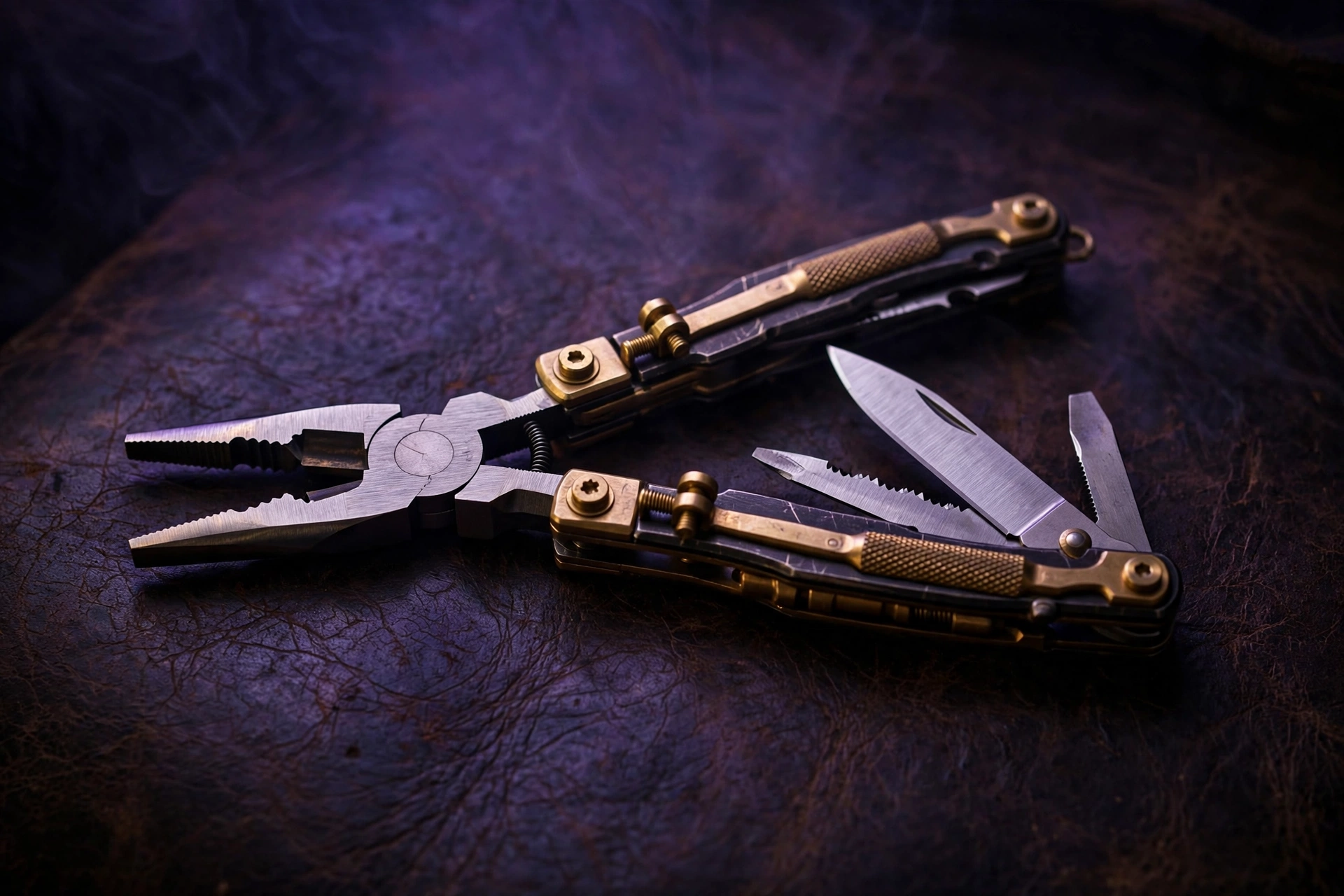 AI-generated image of a folding everyday carry multitool with pliers open on a dark leather surface