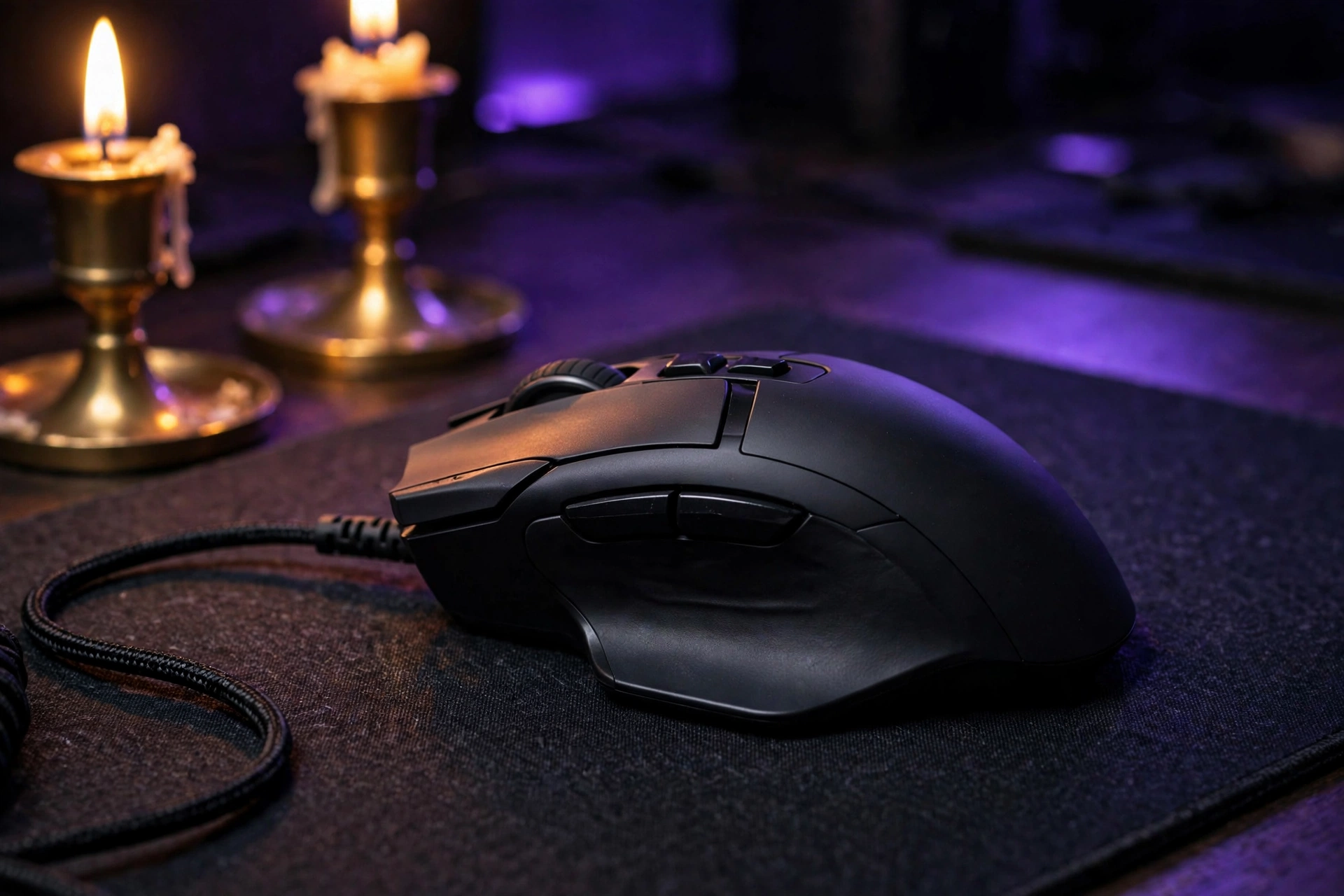 AI-generated image of a black ergonomic wired gaming mouse with a thumb rest on a desk mat