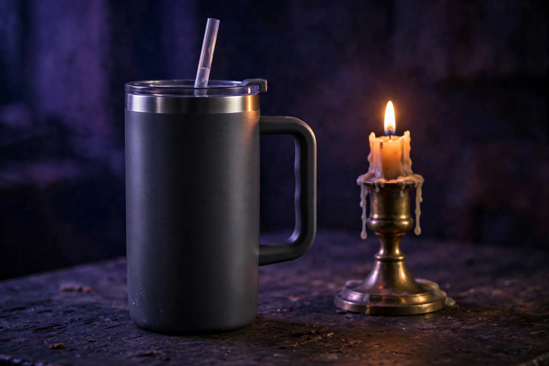 AI-generated image of a large insulated travel tumbler with a handle and straw on a wooden table beside a brass candle